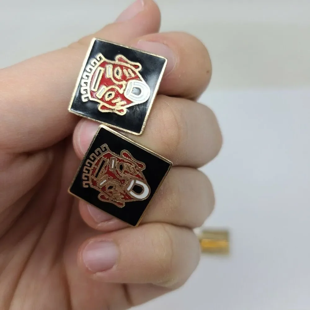 Men Vintage Swank Tribal Red Black Enamel Mask Gold Tone Cufflinks Tie Bar Set